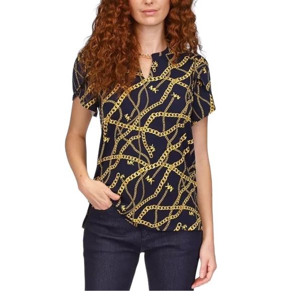 Michael Kors Split Neck Navy Gold Chain Top with Tulip Sleeve Size SP Casual - Picture 1 of 15